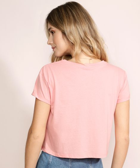 Blusa Feminina Básica Cropped com Bolso Manga Curta Decote Redondo Rosa Claro