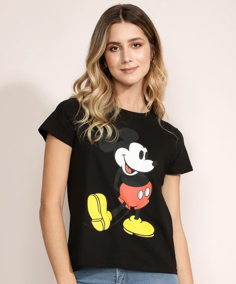 Blusa Feminina Mickey  Manga Curta Decote Redondo Preta
