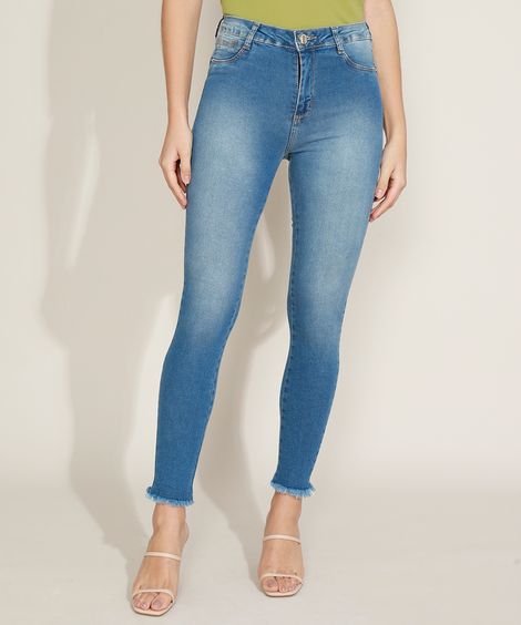 Calça Jeans Feminina Sawary Super Skinny Push Up Cintura Alta com Barra Desfiada Azul Claro