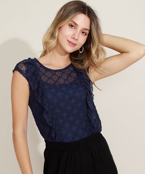 Blusa Feminina em Renda com Babados Manga Curta Azul Marinho