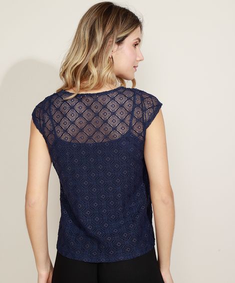 Blusa Feminina em Renda com Babados Manga Curta Azul Marinho