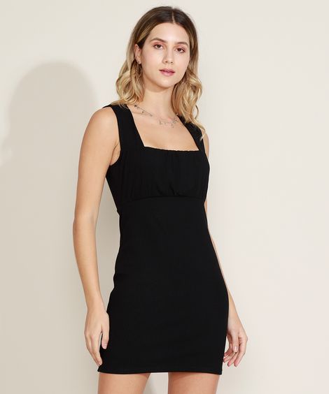 Vestido Feminino Canelado Alça Larga Preto