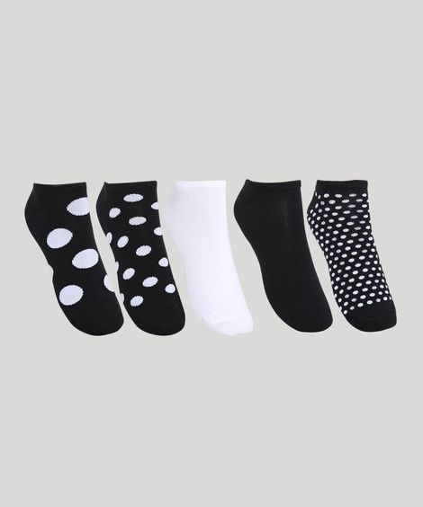 Kit de 5 Meias Femininas Cano Baixo Estampadas de Poá Multicor