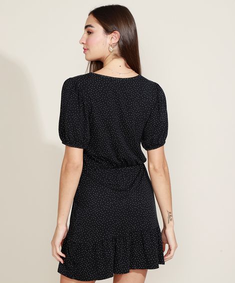 Vestido Feminino Curto Estampado de Poá Manga Curta Bufante Decote V Preto