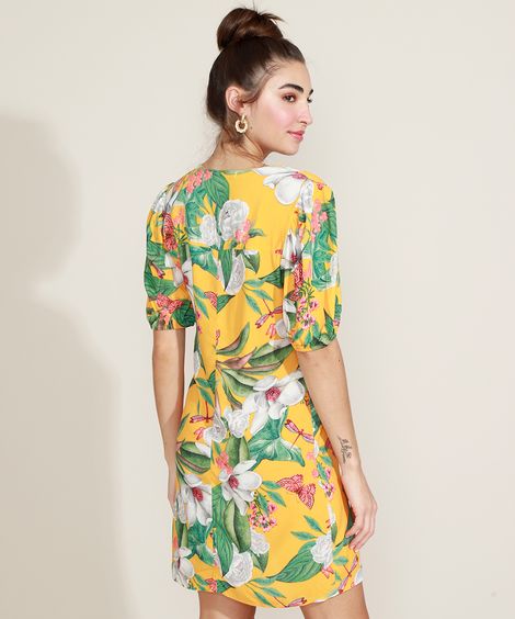 Vestido Feminino Estampado Floral Manga Curta Bufante Decote V Amarelo
