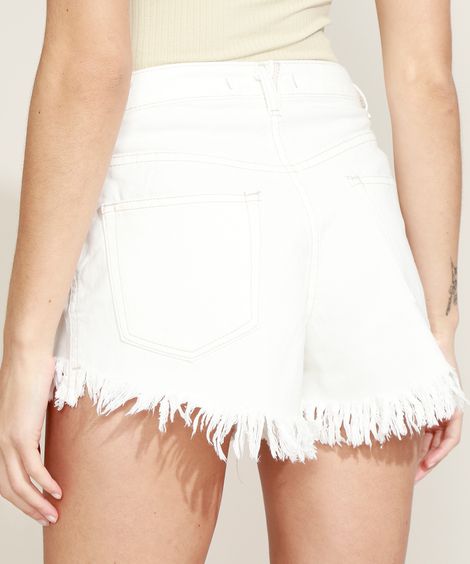 Short de Sarja Feminino Cintura Alta Barra Desfiada Off White
