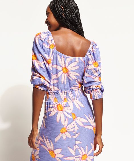 Blusa Feminina Cropped Texturizada Estampada de Margaridas Manga Bufante Decote Reto Lilás