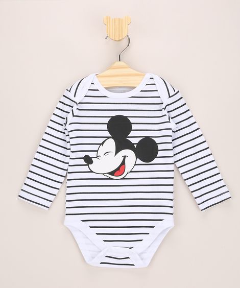 Body Infantil Listrado Mickey Manga Longa Off White