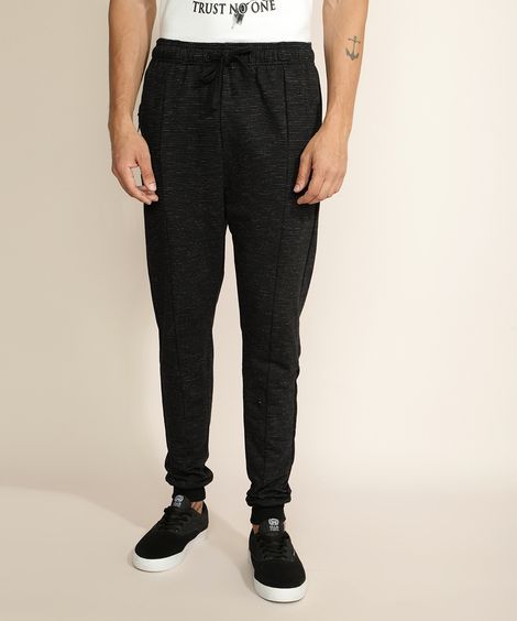Calça de Moletom Masculina Relaxed Slim Listrada com Recortes e Bolsos Preta