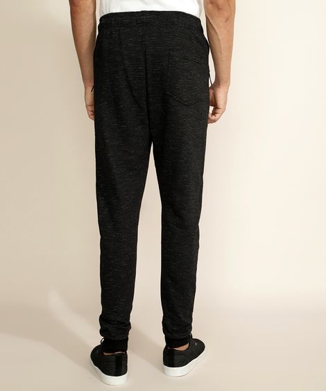 Calça de Moletom Masculina Relaxed Slim Listrada com Recortes e Bolsos Preta