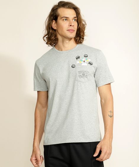 Camiseta Masculina Trust Burger Os Simpsons com Bolso Manga Curta Gola Careca Cinza Mescla