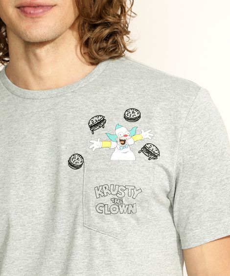 Camiseta Masculina Trust Burger Os Simpsons com Bolso Manga Curta Gola Careca Cinza Mescla