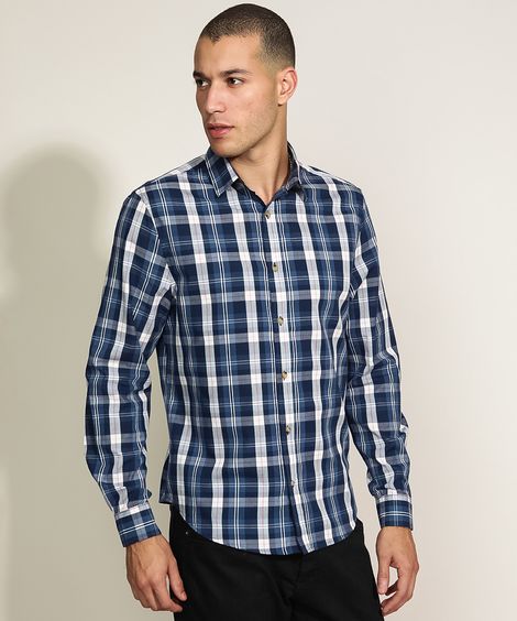 Camisa Masculina Tradicional Estampada Xadrez Manga Longa Azul Escuro