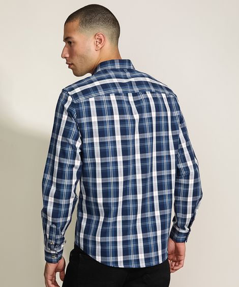 Camisa Masculina Tradicional Estampada Xadrez Manga Longa Azul Escuro