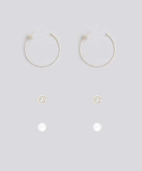 Kit de 3 Brincos Femininos Folheados com Argola e Pérola Dourado