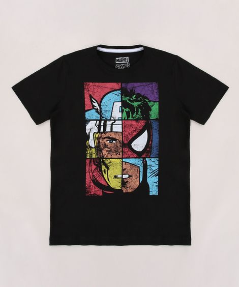 Camiseta Juvenil Os Vingadores Manga Curta Preta