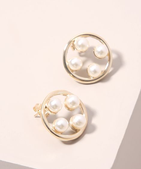 Brinco Feminino Circular com Pérolas Dourado