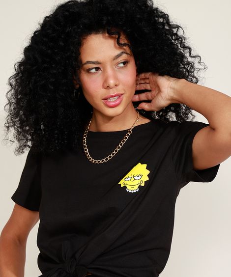 Camiseta Cropped de Algodão Lisa Simpson com Nó Manga Curta Decote Redondo Preta