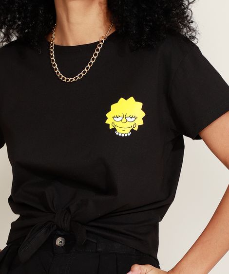 Camiseta Cropped de Algodão Lisa Simpson com Nó Manga Curta Decote Redondo Preta