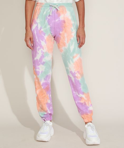 Calça de Moletom Feminina Jogger Cintura Alta  Estampada Tie Dye com Cordão Multicor