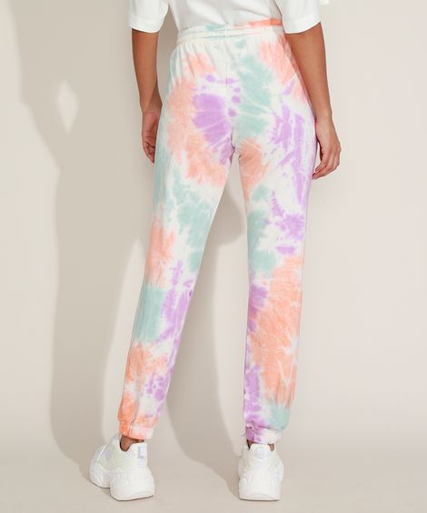 Calça de Moletom Feminina Jogger Cintura Alta  Estampada Tie Dye com Cordão Multicor