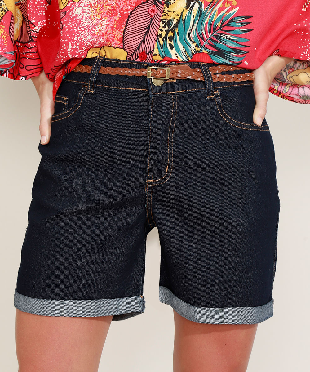 Bermuda Jeans Feminina Cintura Alta com Barra Dobrada e Cinto Azul Escuro Menor preço em Bermuda Jeans Feminina Cintura Alta com Barra Dobrada e Cinto Azul Escuro
