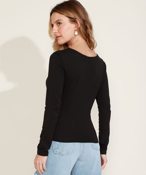 Blusa Feminina Básica Manga Longa Decote Redondo  Preta