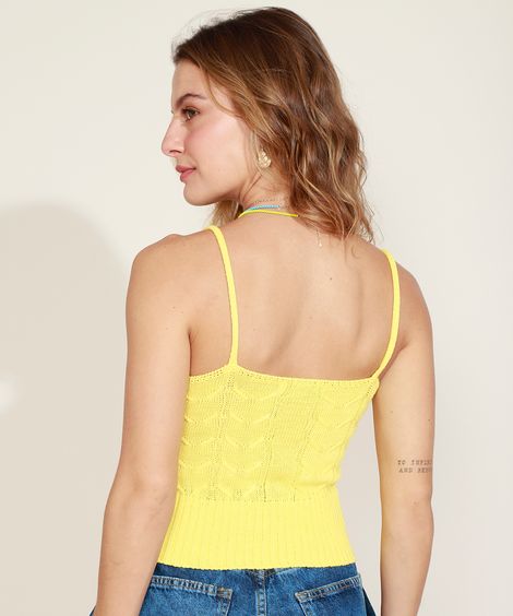 Regata Feminina Cropped em Tricô com Alças Amarela