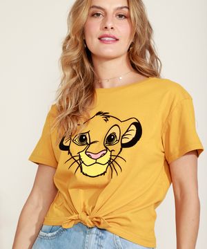 Camiseta Cropped de Algodão Simba O Rei Leão Flocada com Nó Manga Curta Decote Redondo Mostarda