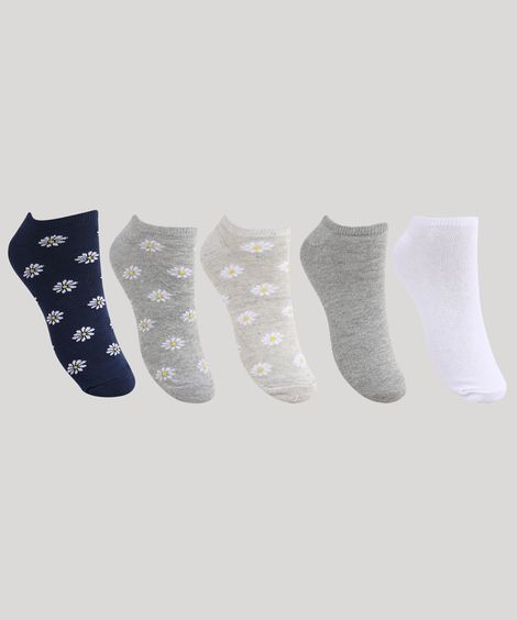 Kit de 5 Meias Femininas Cano Baixo Estampadas de Margaridas Multicor