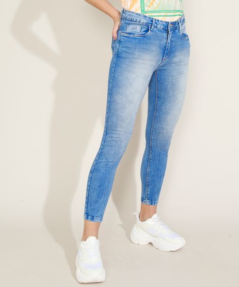 Calça Jeans Feminina Super Skinny Cintura Alta Azul Médio