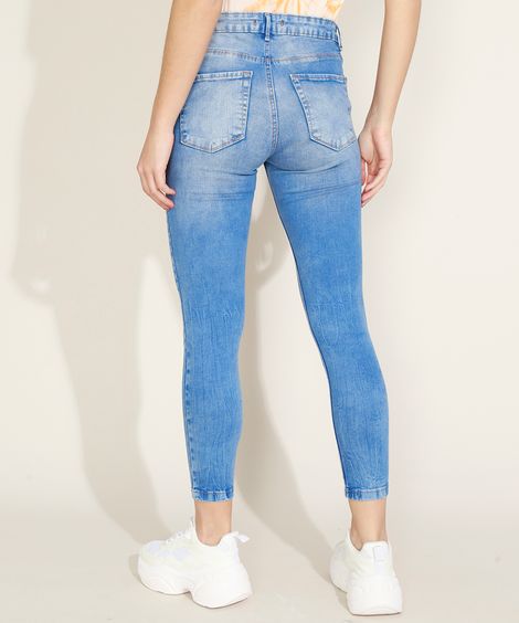 Calça Jeans Feminina Super Skinny Cintura Alta Azul Médio