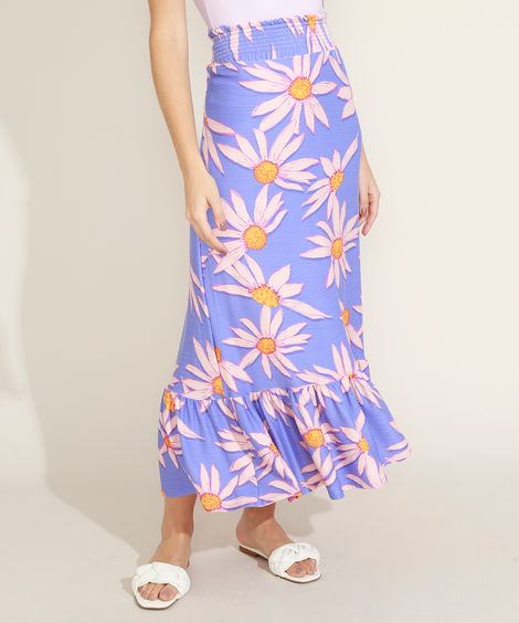 Saia Feminina Longa Estampada de Margaridas com Babados Azul Claro