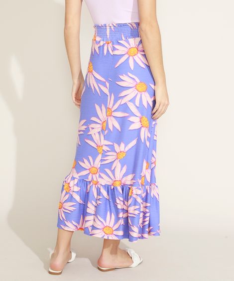 Saia Feminina Longa Estampada de Margaridas com Babados Azul Claro