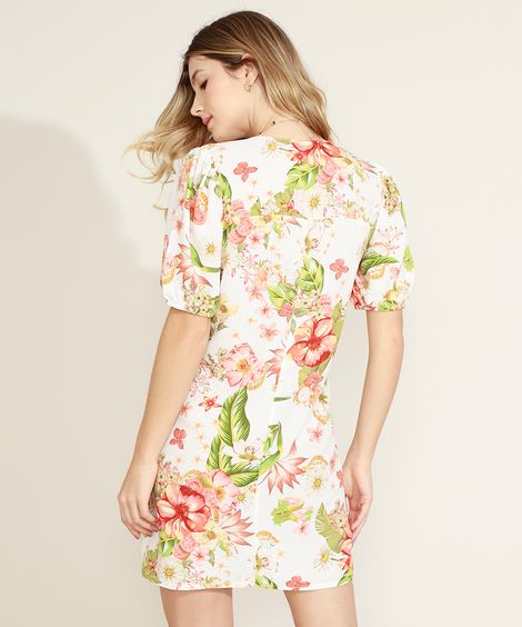 Vestido Feminino Curto Estampado Floral Manga Bufante Off White