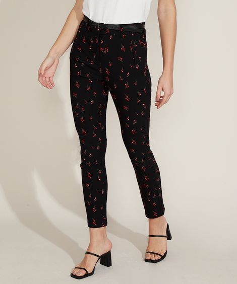 Calça Feminina Skinny Cintura Alta Estampada Floral com Cinto Preta