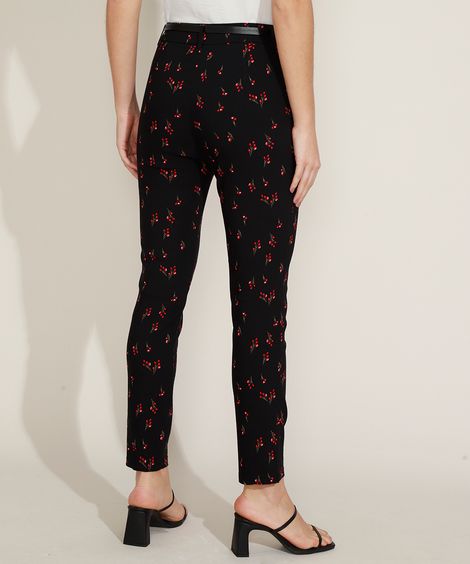 Calça Feminina Skinny Cintura Alta Estampada Floral com Cinto Preta