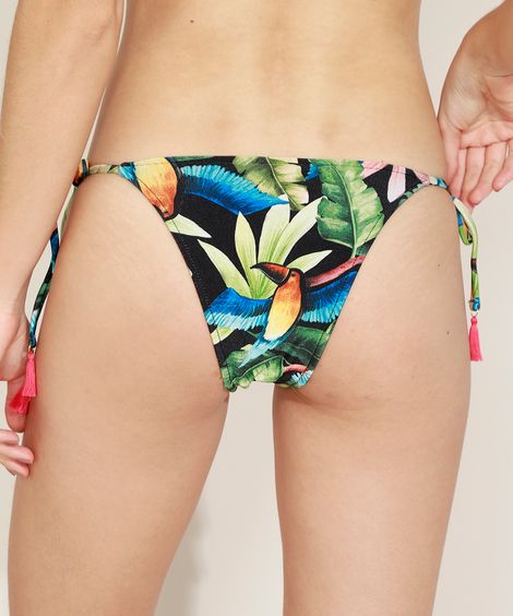 Biquíni Calcinha Tanga Estampado de Tucano e Folhagem com Amarração Proteção UV50+ Preto