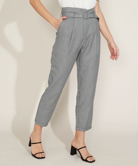 Calça Feminina Clochard Cintura Alta Estampada Pied de Poule com Cinto Preta