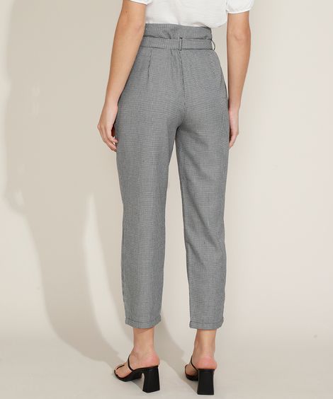 Calça Feminina Clochard Cintura Alta Estampada Pied de Poule com Cinto Preta