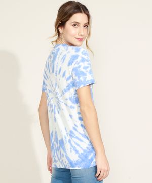 Blusa Feminina Signo Peixes Estampada Tie Dye Manga Curta Decote Redondo Azul