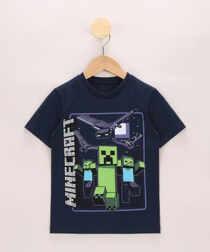 Camiseta Infantil Creeper Minecraft Manga Curta Azul Marinho