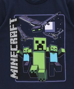 Camiseta Infantil Creeper Minecraft Manga Curta Azul Marinho