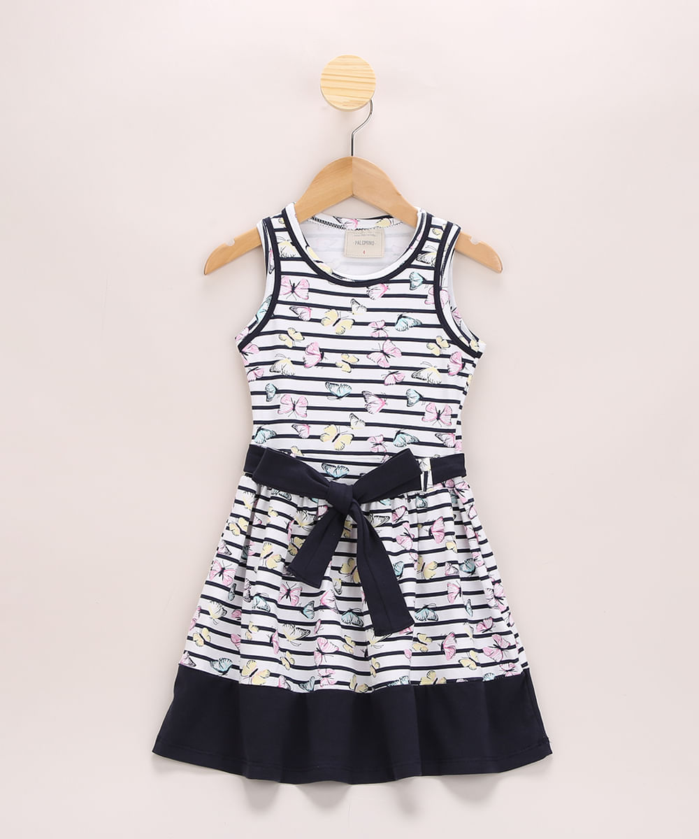 Vestido Infantil Listrado com Borboletas e Faixa Para Amarrar Sem Manga Off White Menor preço em Vestido Infantil Listrado com Borboletas e Faixa Para Amarrar Sem Manga Off White