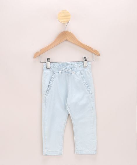 Calça Jeans Infantil Clochard com Babados Azul Claro