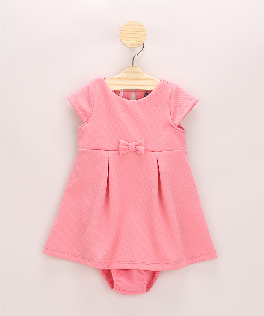 Vestido-Infantil-Texturizado-com-Pregas-e-Laco-Manga-Curta---Calcinha-Rosa-9967803-Rosa_1