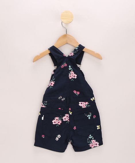 Jardineira Infantil Estampada Floral com Babados Azul Marinho