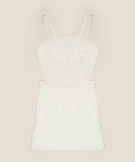 Vestido Juvenil Curto em Renda com Recorte Vazado Alças Finas Off White