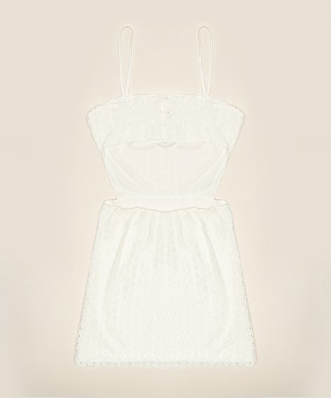Vestido Juvenil Curto em Renda com Recorte Vazado Alças Finas Off White