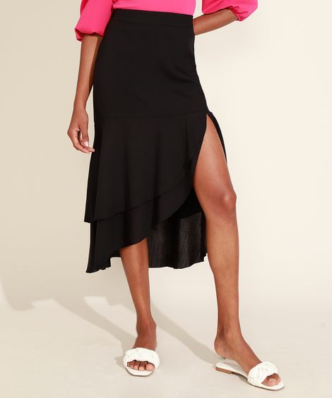 Saia Feminina Midi Assimétrica em Camadas com Babado e Fenda Preta
